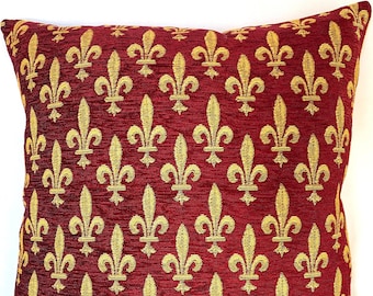 Golden Fleur de Lys on Red Chenille BELGIAN Belgium Jacquard Woven Hand Finished Tapestry Pillow Cushion Cover, 18" x 18", 46cm x 46cm