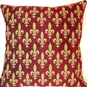 Funda de cojín con tapiz belga tejido a mano con flor de lis dorada sobre chenilla roja, 45,7 x 45,7 cm, 46 x 46 cm