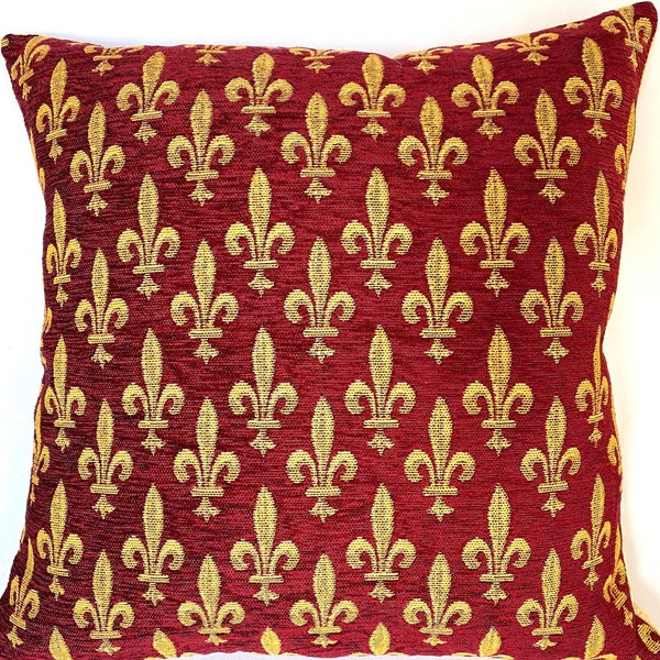 Golden Fleur de Lys on Red Chenille BELGIAN Belgium Jacquard Woven Hand Finished Tapestry Pillow Cushion Cover, 18" x 18", 46cm x 46cm