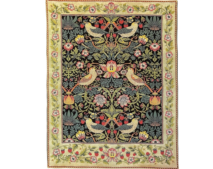 WIlliam MORRIS Strawberry Thief BELGIAN Jacquard WOVEN Hand Finished Tapestry Wall Hanging, 36" x 28" / 91.5cm x 71cm Lined with Rod Sleeve