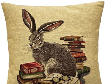 Rabbit Hare with Books BELGIAN JACQUARD WOVEN Hand Finished Fauve Fine Arts Tapestry Cushion Pillow Cover with Zipper, 46cm, 18"