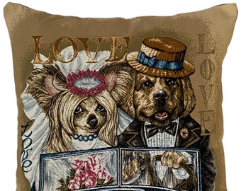 Just Married Love Dogs, BELGIAN JACQUARD WOVEN Hand Finished Tapestry Pillow Cushion Cover, 17" x 17" 43cm x 43cm