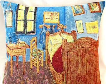 Vincent Van GOGH Bedroom in Arles France, BELGIAN Belgium Jacquard WOVEN Hand Finished Tapestry Pillow Cushion Cover, 46cm x 46cm, 18" x 18"