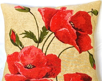 Large Red POPPIES on Beige Background, BELGIAN Belgium Jacquard WOVEN Hand Finished Tapestry Pillow Cushion Cover, 46cm x 46cm, 18" x 18"