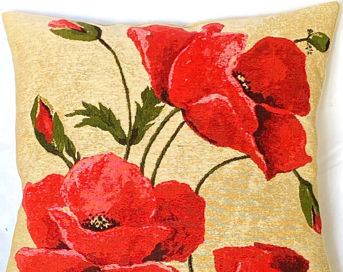 Large Red POPPIES on Beige Background, BELGIAN Belgium Jacquard WOVEN Hand Finished Tapestry Pillow Cushion Cover, 46cm x 46cm, 18" x 18"
