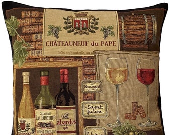 Famous Wines Series, Chateauneuf-du-Pape, BELGIAN Belgium Jacquard WOVEN Hand Finished Tapestry Pillow Cushion Cover, 45cm x 45cm 18" x 18"