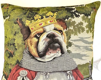 King ARTHUR Knight Bulldog Anthropomorphic Dog BELGIAN Jacquard WOVEN Hand Finished Tapestry Pillow Cushion Cover 46cm x 46cm 18" x 18"