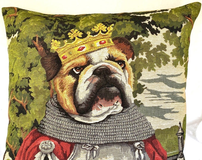 King ARTHUR Knight Bulldog Anthropomorphic Dog BELGIAN Jacquard WOVEN Hand Finished Tapestry Pillow Cushion Cover 46cm x 46cm 18" x 18"