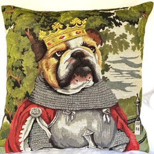 King ARTHUR Knight Bulldog Anthropomorphic Dog BELGIAN Jacquard WOVEN Hand Finished Tapestry Pillow Cushion Cover 46cm x 46cm 18&quot; x 18&quot;