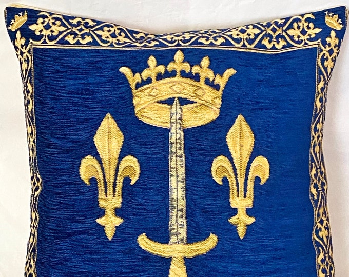 JEANNE DARC Etendard Joan of Arc Standard Sword & Crown BELGIAN Jacquard Woven Hand Finished Tapestry Chenille Pillow Cushion Cover 47cm 18"