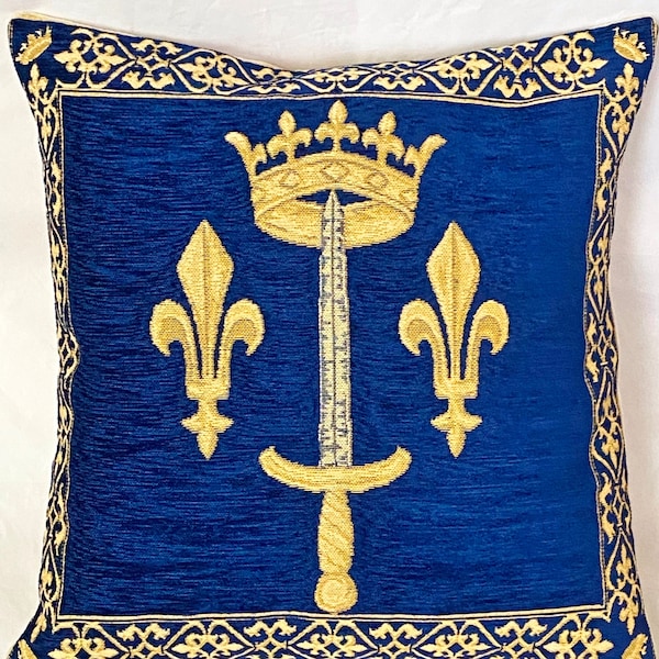 JEANNE DARC Etendard Jeanne d’Arc Standard Épée & Couronne BELGE Jacquard Tissé Tapisserie Finie à la Main Chenille Oreiller Coussin Housse 47cm 18 »