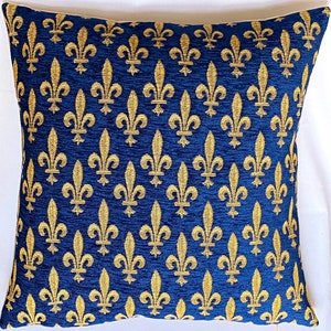 Capa de almofada de tapeçaria com acabamento manual, flor de lis dourada sobre chenille azul, belga, jacquard, 18" x 18", 46 cm x 46 cm