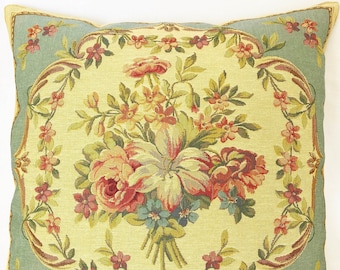 Bouquet of Flowers on Blue Background, BELGIAN Belgium Jacquard WOVEN Hand Finished Tapestry Pillow Cushion Cover, 46cm x 46cm, 18" x 18"