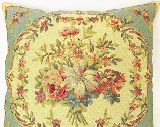 Bouquet of Flowers on Blue Background, BELGIAN Belgium Jacquard WOVEN Hand Finished Tapestry Pillow Cushion Cover, 46cm x 46cm, 18" x 18"