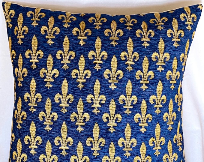Golden Fleur de Lys on Blue Chenille BELGIAN Belgium Jacquard Woven Hand Finished Tapestry Pillow Cushion Cover, 18" x 18", 46cm x 46cm