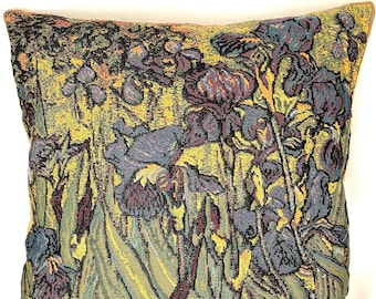 Vincent Van GOGH Irises rhs, BELGIAN Belgium Jacquard WOVEN Hand Finished Tapestry Pillow Cushion Cover, 46cm x 46cm, 18" x 18"