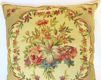 Bouquet of Flowers on Beige Background, BELGIAN Belgium Jacquard WOVEN Hand Finished Tapestry Pillow Cushion Cover, 46cm x 46cm, 18" x 18"