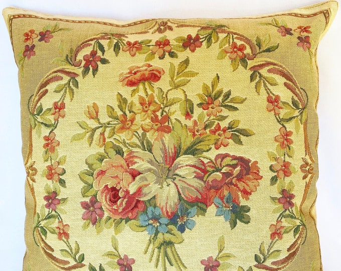 Bouquet of Flowers on Beige Background, BELGIAN Belgium Jacquard WOVEN Hand Finished Tapestry Pillow Cushion Cover, 46cm x 46cm, 18" x 18"