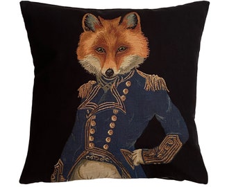 BELGIAN JACQUARD WOVEN Hand Finished Forest Animals Fauve Fine Arts Tapestry Pillow Cushion Cover, Aristofox Fox with gold lurex, 46cm, 18"