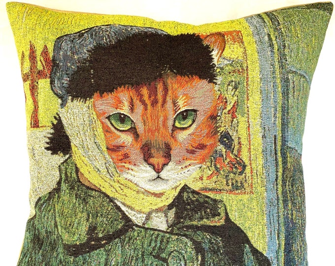 Vincent Van GOGH Self Portrait Anthropomorphic Cat, BELGIAN Jacquard WOVEN Hand Finished Tapestry Pillow Cushion Cover 46cm x 46cm 18" x 18"