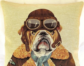 Aviator Anthropomorphic Pilot Bulldog Dog Flier, BELGIAN Jacquard WOVEN Hand Finished Tapestry Pillow Cushion Cover, 46cm x 46cm, 18" x 18"