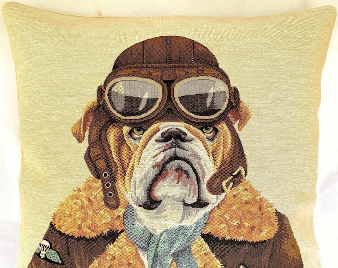 Aviator Anthropomorphic Pilot Bulldog Dog Flier, BELGIAN Jacquard WOVEN Hand Finished Tapestry Pillow Cushion Cover, 46cm x 46cm, 18" x 18"