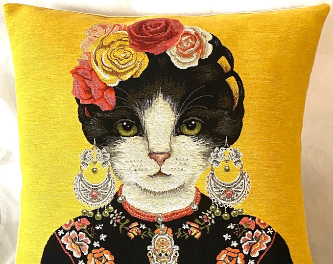 Frida KAHLO Cat, BELGIAN Belgium Jacquard WOVEN Hand Finished Tapestry Pillow Cushion Cover, 46cm x 46cm, 18" x 18"