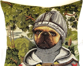 Sir LANCELOT Knight Pug Anthropomorphic Dog BELGIAN Jacquard WOVEN Hand Finished Tapestry Pillow Cushion Cover 46cm x 46cm 18" x 18"