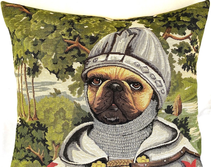 Sir LANCELOT Knight Pug Anthropomorphic Dog BELGIAN Jacquard WOVEN Hand Finished Tapestry Pillow Cushion Cover 46cm x 46cm 18" x 18"