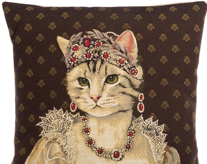 Josephine (Napoleon) Anthropomorphic Cat, BELGIAN Belgium Jacquard WOVEN Hand Finished Tapestry Pillow Cushion Cover, 46cm x 46cm, 18" x 18"
