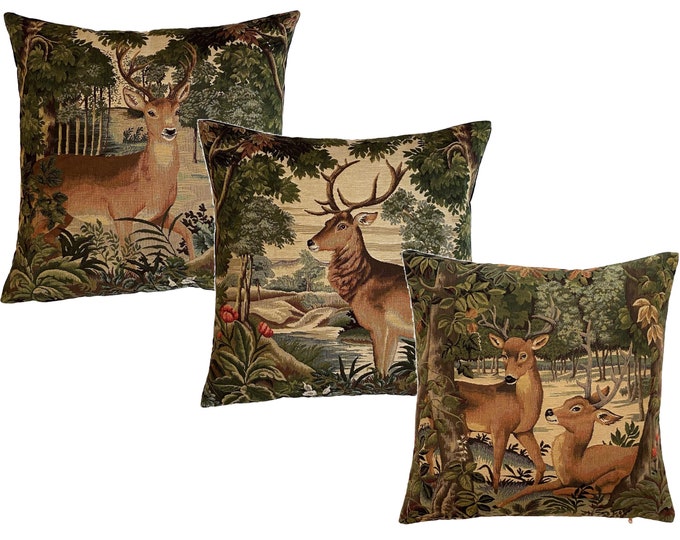Set of 3 Three BELGIAN Jacquard WOVEN Hand Finished 100% Cotton Tapestry Cushion Pillow Covers Verdure WIth Deer, Doe, Fawns, Stag in Forest