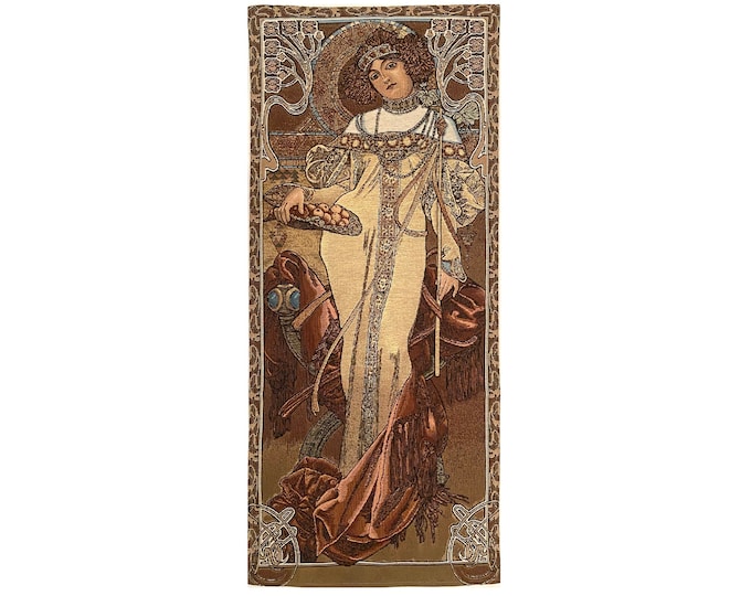 Hand Finished 45cm x 100cm FRENCH GOBELIN Tapestry Wall Hanging of Alphonse MUCHA'S Seasons Automne / Autumn, fully lined with rod sleeve