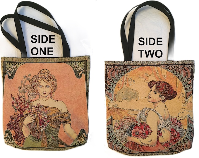 Alphonse MUCHA SEASONS Spring & Summer, Two Different Sided Belgian TAPESTRY Large Shopping Tote Bag 46CM X 46CM