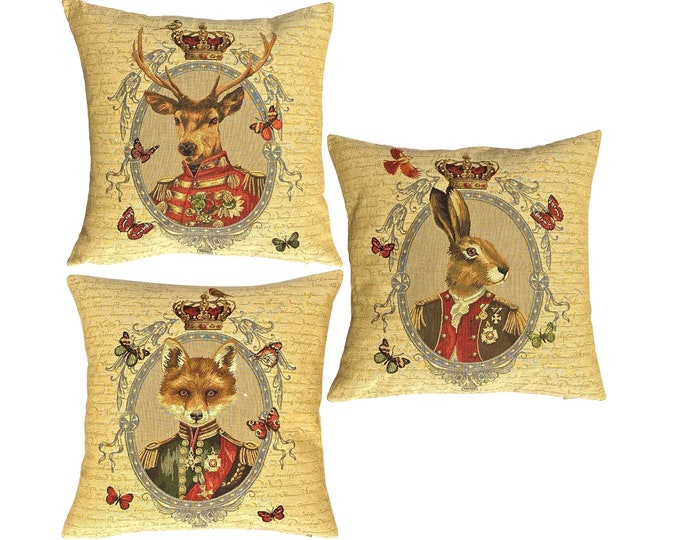 Set of 3 BELGIAN JACQUARD WOVEN Hand Finished Aristocratic Military Forest Animals Fauve Fine Arts Tapestry Cushion Covers, 46cm, 18"