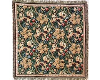 BELGIAN Jacquard Woven Hand Finished 150cm x 150cm William MORRIS Golden Lily TAPESTRY Table Throw Bed Spread Occasional Cover, Tassel Edges