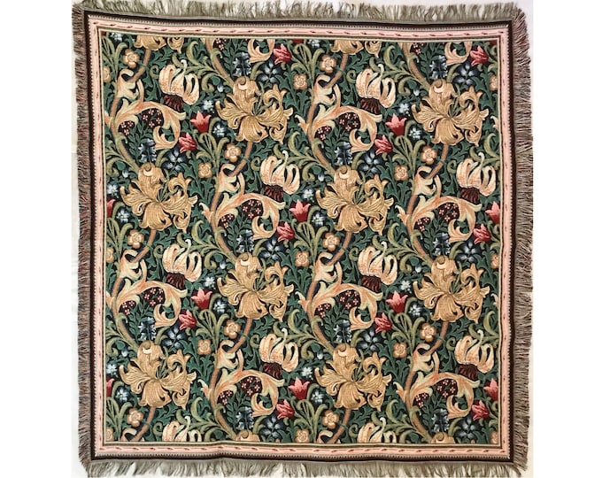 BELGIAN Jacquard Woven Hand Finished 150cm x 150cm William MORRIS Golden Lily TAPESTRY Table Throw Bed Spread Occasional Cover, Tassel Edges