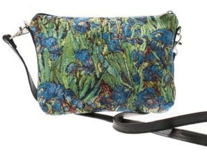 Art lovers BELGIAN TAPESTRY Hand Finished Van GOGH Irises Lined Clutch / Evening Bag 23CM X 16CM, detachable leather shoulder strap
