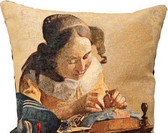 Johannes VERMEER Lacemaker Kantwerkster BELGIAN Belgium Jacquard WOVEN Hand Finished Tapestry Pillow Cushion Cover, 46cm x 46cm 18" x 18"