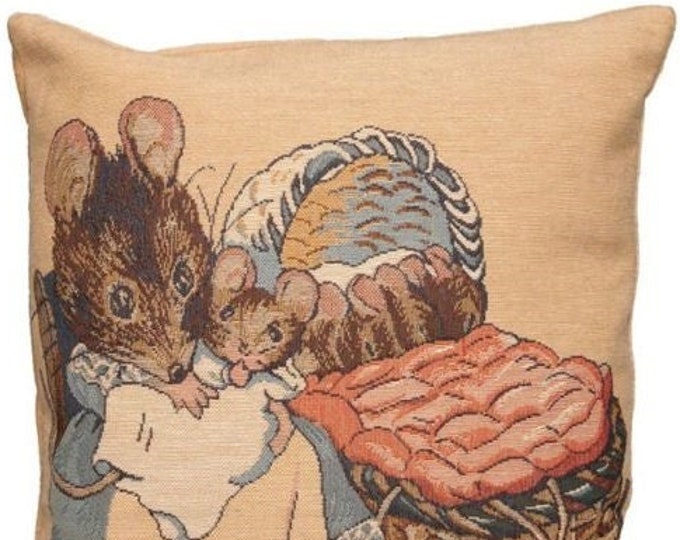 BEATRIX POTTER Hunca Munca Bad Mice BELGIAN Jacquard Woven Hand Finished 33cm 13" Tapestry Pillow Cushion Cover, Velvet Reverse, Zip