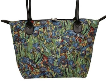 Irises Van GOGH BELGIAN TAPESTRY Malta Style Hand Bag 36cm x 24cm Hand finished, fully lined, leather handles, zip closure