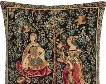 Medieval Embroidery Scene from Gallanteries BELGIAN Belgium Jacquard WOVEN Hand Finished Tapestry Pillow Cushion Cover 46cm x 46cm 18" x 18"