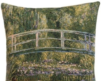 Claude MONET Pont Giverny Japanese Bridge, BELGIAN Belgium Jacquard WOVEN Hand Finished Tapestry Pillow Cushion Cover, 45cm x 45cm 18" X 18"