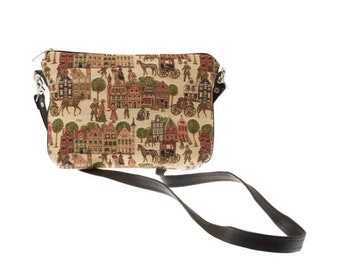 19th Century Bruges Brugge BELGIAN TAPESTRY Hand Finished Fully Lined Clutch / Evening Bag 23CM X 16CM, detachable leather shoulder strap