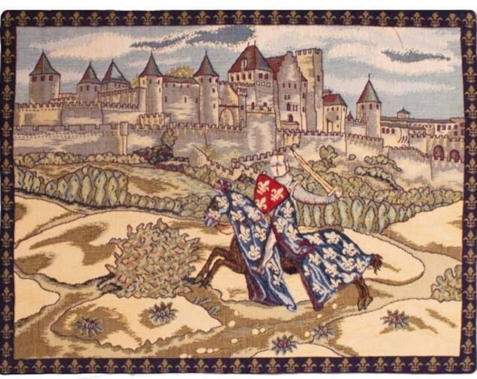 PHILLIPE III at CARCASSONNE Castle, 24" x 18" 61cm x 46cm Belgian Belgium jacquard woven tapestry wall hanging, fully lined with rod sleeve