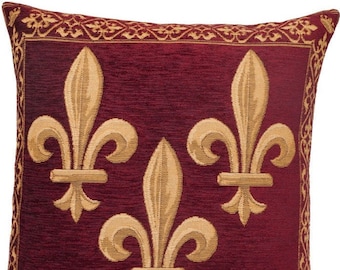 Golden Fleur de Lys on Red Chenille BELGIAN Belgium Jacquard Woven Hand Finished Tapestry Pillow Cushion Cover, 47cm x 47cm 18" x 18"