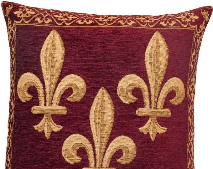 Golden Fleur de Lys on Red Chenille BELGIAN Belgium Jacquard Woven Hand Finished Tapestry Pillow Cushion Cover, 14" x 14", 35cm x 35cm, Zip