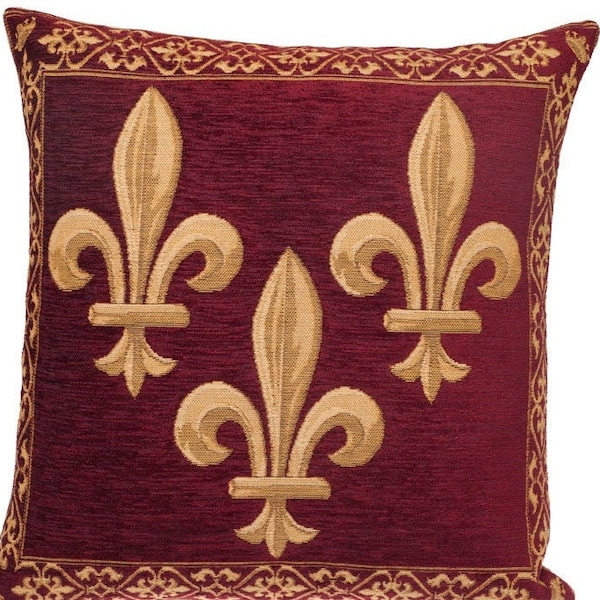 Golden Fleur de Lys on Red Chenille BELGIAN Belgium Jacquard Woven Hand Finished Tapestry Pillow Cushion Cover, 14" x 14", 35cm x 35cm, Zip