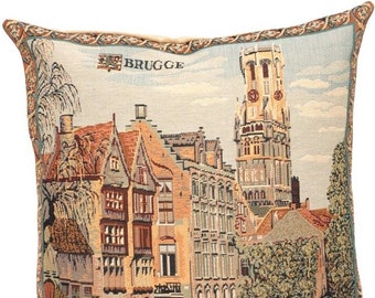 ROZENHOEDKAAI & Belfry, Brugge, BELGIAN Belgium Jacquard WOVEN Hand Finished Tapestry Pillow Cushion Cover, 46cm x 46cm 18" x 18"