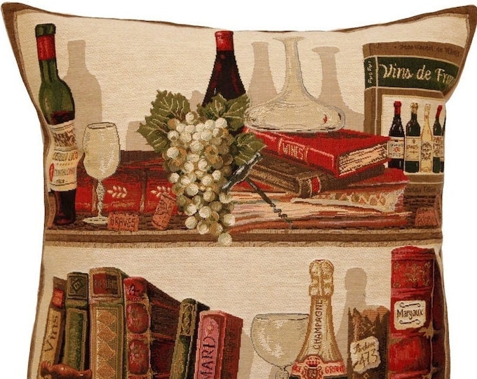 Library & Wine Bibliotheque et Vin II, BELGIAN Belgium Jacquard WOVEN Hand Finished Tapestry Pillow Cushion Cover, 46cm x 46cm 18" x 18"