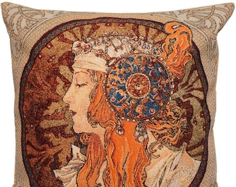 Alphonse MUCHA Byzantine Blonde Rousse BELGIAN Belgium Jacquard WOVEN Hand Finished Tapestry Pillow Cushion Cover, 46cm x 46cm, 18" x 18"